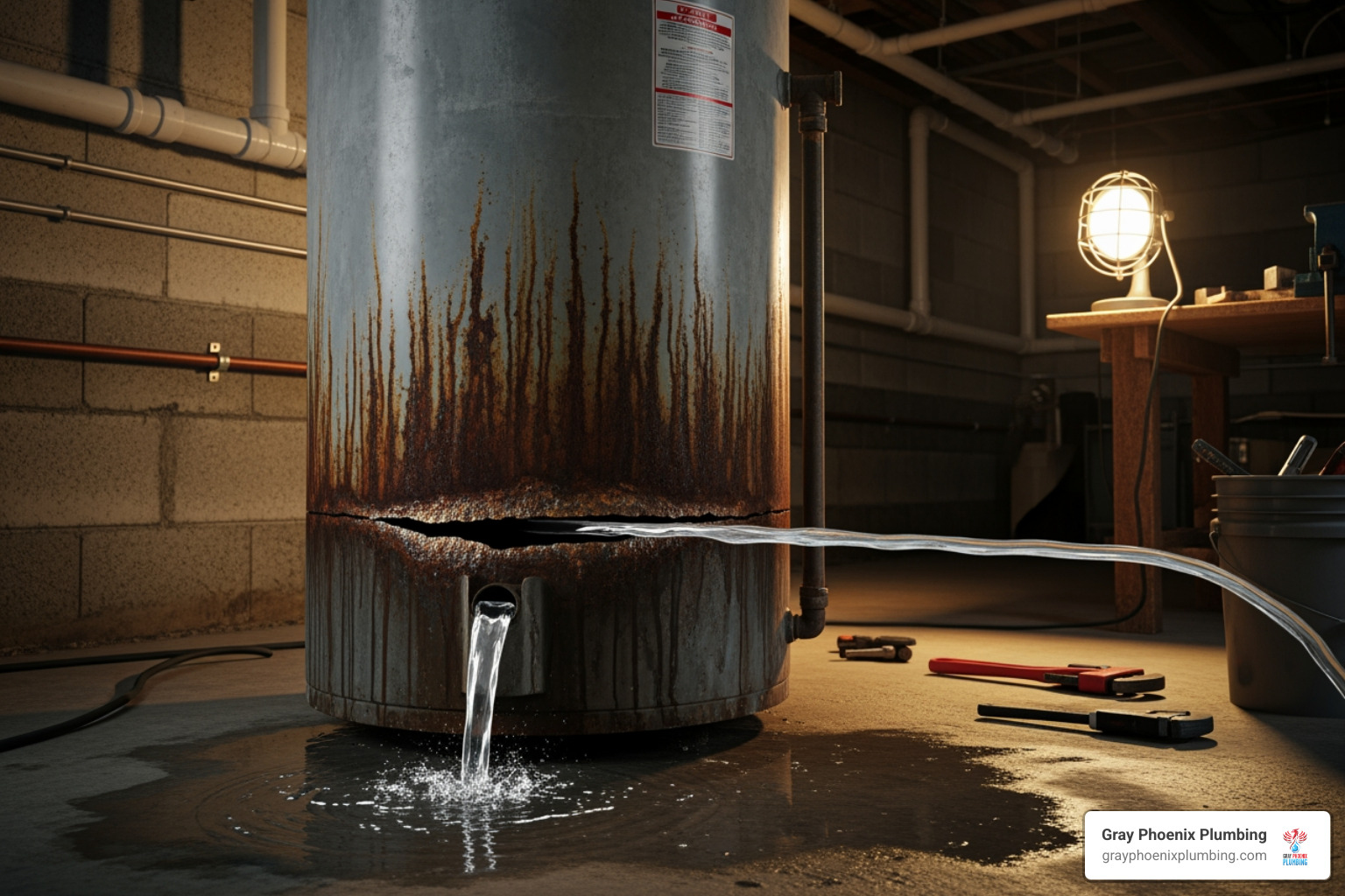 rusty water heater tank with a visible leak - emergency water heater replacement near me