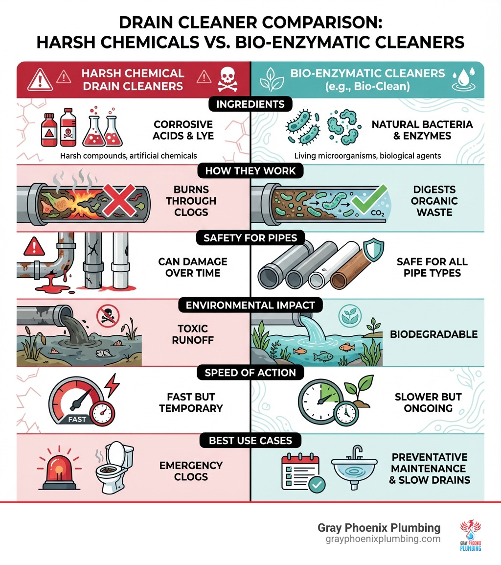 Infographic comparing harsh chemical drain cleaners versus bio-enzymatic cleaners like Bio-Clean, showing side-by-side differences in ingredients (corrosive acids vs natural bacteria and enzymes), how they work (burning through clogs vs digesting organic waste), safety for pipes (can damage over time vs safe for all pipe types), environmental impact (toxic runoff vs biodegradable), speed of action (fast but temporary vs slower but ongoing), and best use cases (emergency clogs vs preventative maintenance and slow drains) - bio clean drain cleaner infographic 