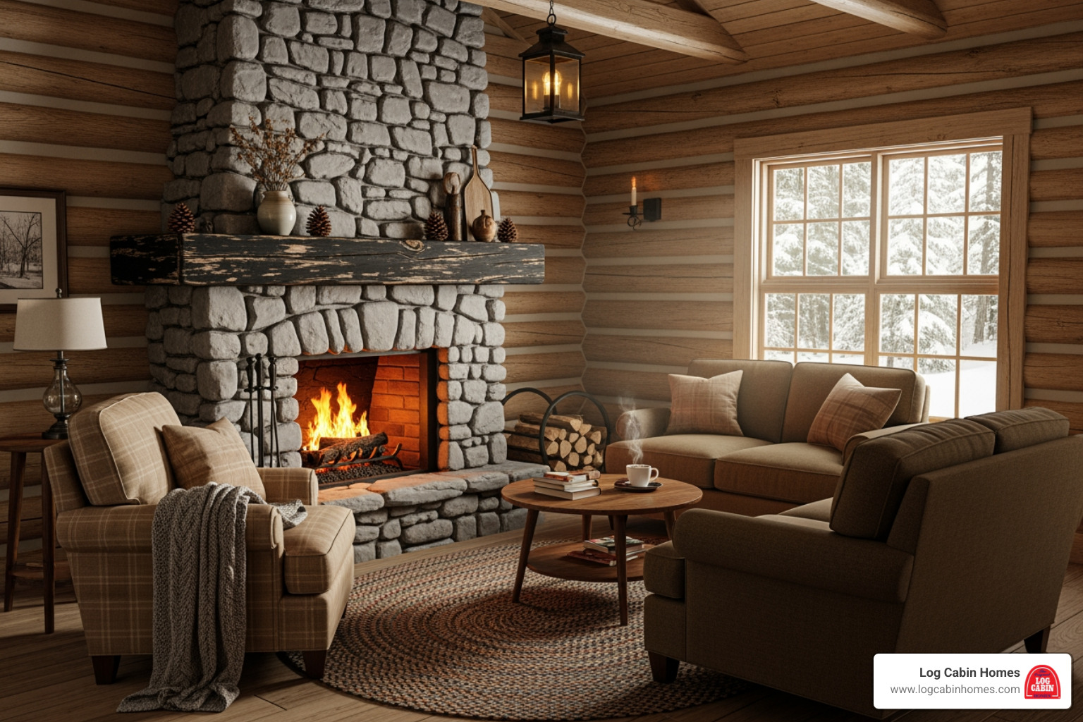 A cozy, small log cabin interior with a fireplace and efficient use of space - building a log cabin on a budget