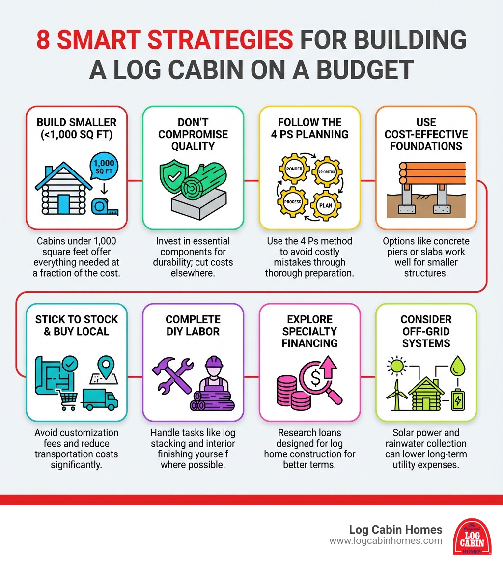Infographic showing 8 key strategies for building a log cabin on a budget: 1) Build a smaller cabin under 1,000 sq ft, 2) Don't compromise on quality for essential components, 3) Follow the 4 Ps planning method, 4) Use cost-effective foundations like concrete piers, 5) Stick to stock floor plans and buy locally, 6) Complete DIY labor where possible, 7) Explore specialty financing options, 8) Consider off-grid systems for long-term savings - building a log cabin on a budget infographic 