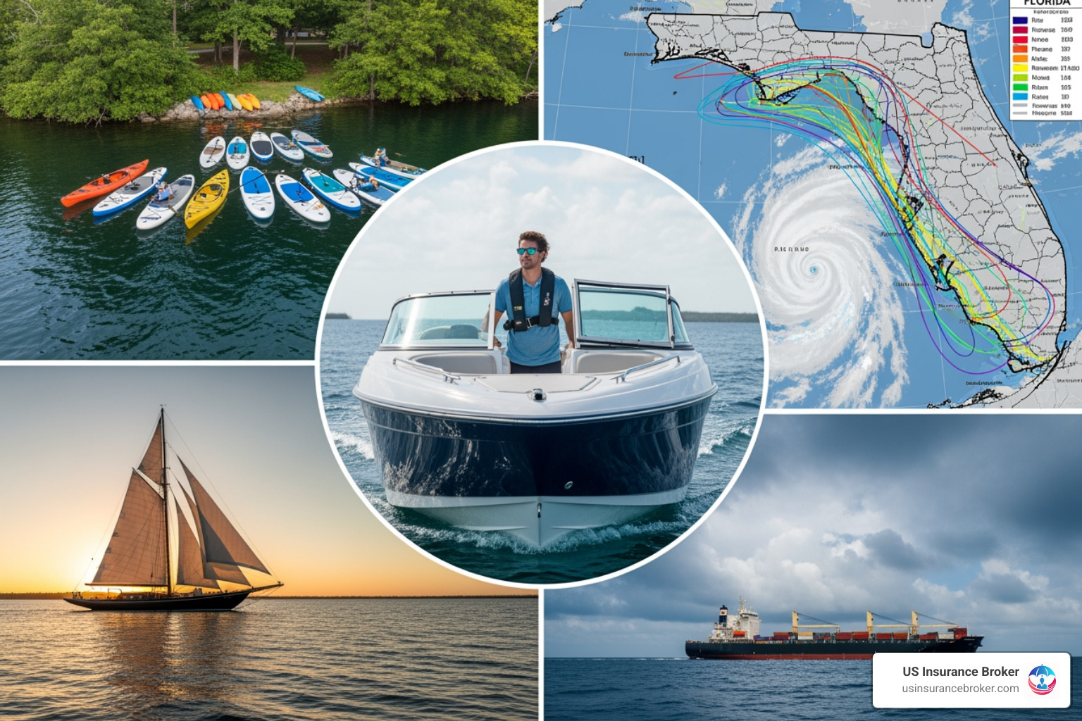 collage of different boats, a boat operator, and a weather map of Florida - boat insurance florida rates collage of different boats, a boat operator, and a weather map of Florida - boat insurance florida rates