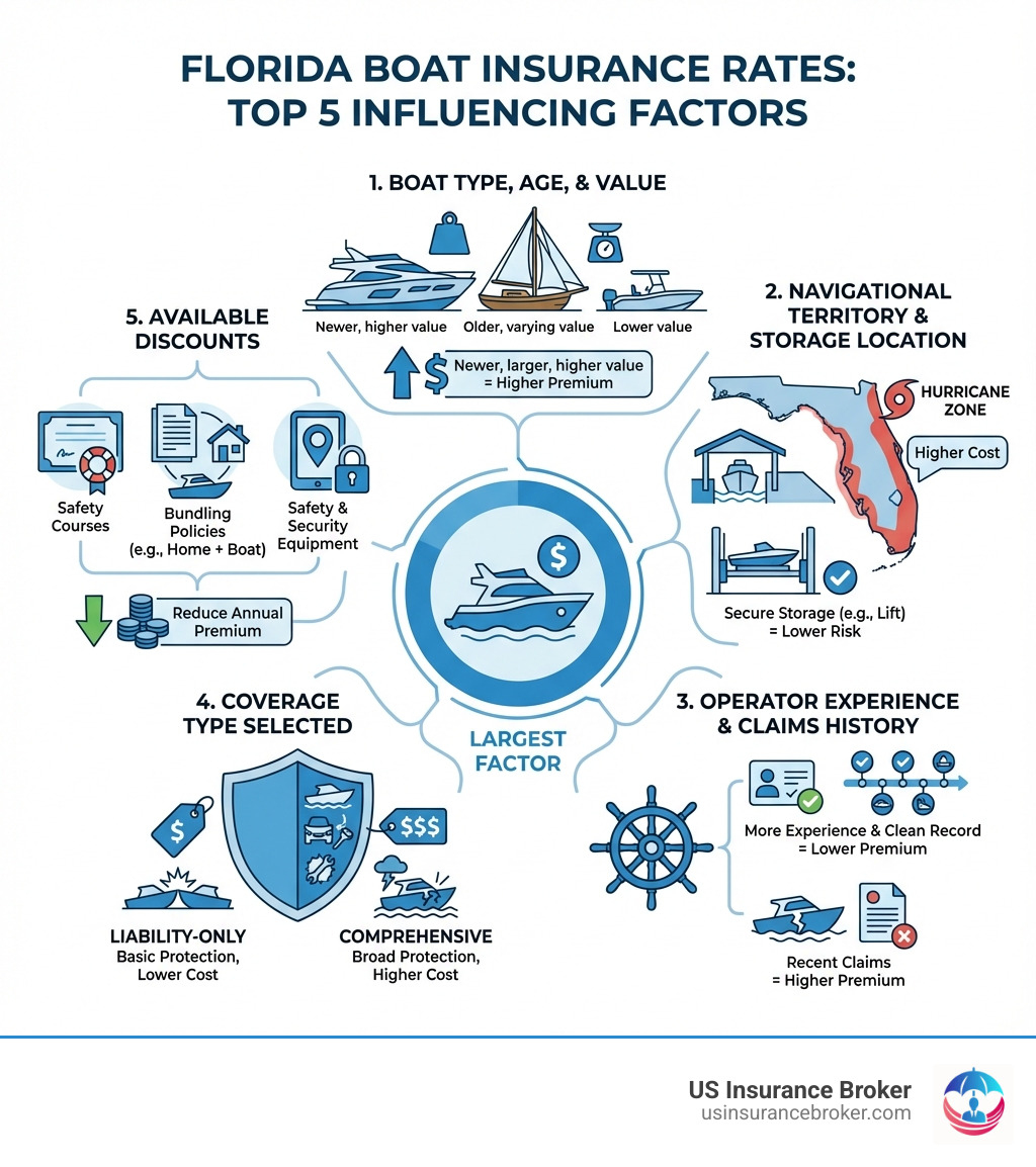 Infographic showing the top 5 factors influencing Florida boat insurance rates: 1. Boat type, age, and value (largest factor), 2. Navigational territory and storage location (hurricane zones cost more), 3. Operator experience and claims history, 4. Coverage type selected (liability-only vs comprehensive), 5. Available discounts (safety courses, bundling, equipment) - boat insurance florida rates infographic Infographic showing the top 5 factors influencing Florida boat insurance rates: 1. Boat type, age, and value (largest factor), 2. Navigational territory and storage location (hurricane zones cost more), 3. Operator experience and claims history, 4. Coverage type selected (liability-only vs comprehensive), 5. Available discounts (safety courses, bundling, equipment) - boat insurance florida rates infographic