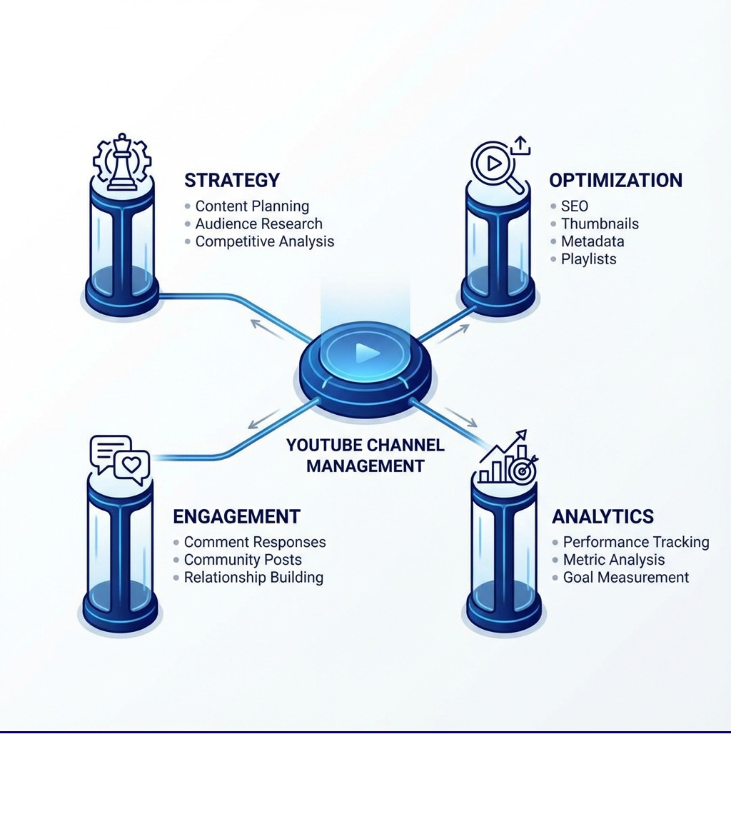 Infographic showing the four key pillars of YouTube channel management: Strategy (content planning, audience research, competitive analysis), Optimization (SEO, thumbnails, metadata, playlists), Engagement (comment responses, community posts, relationship building), and Analytics (performance tracking, metric analysis, goal measurement) - youtube channel management infographic 