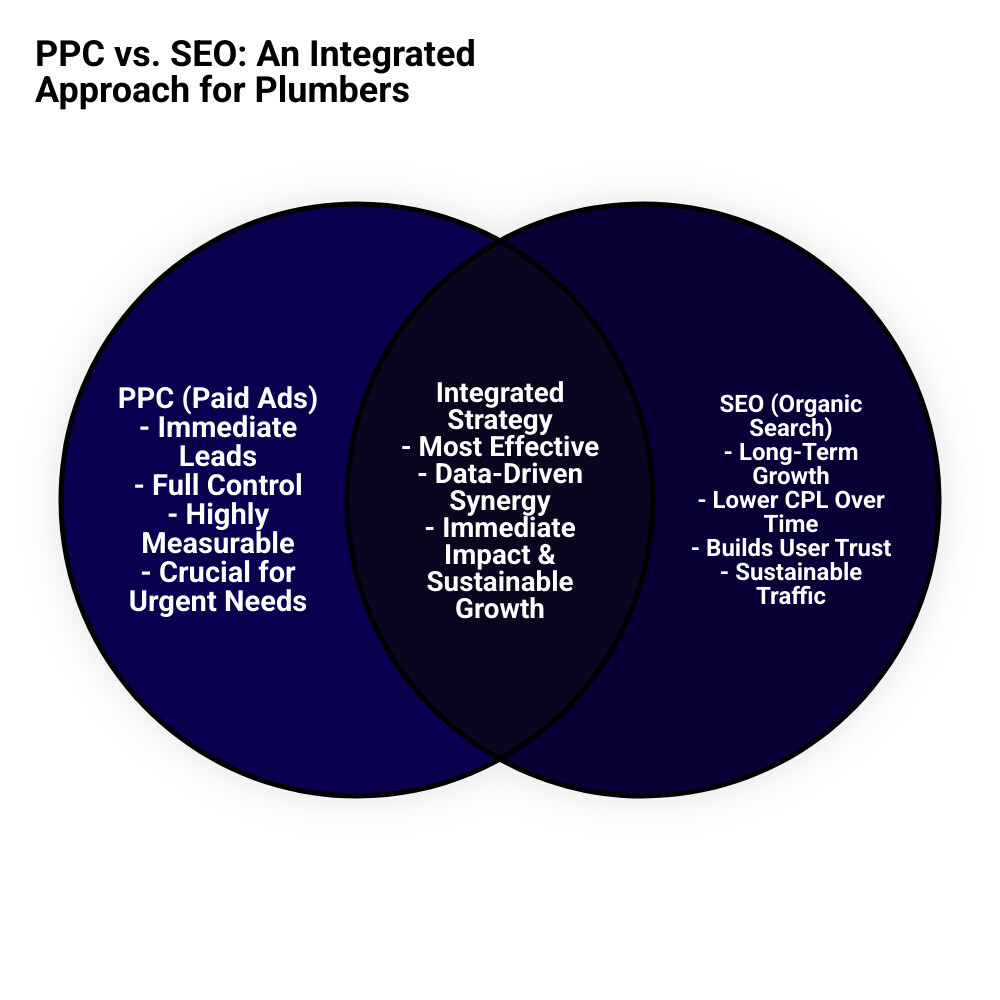 PPC vs. SEO comparison chart - ppc for plumbing companies infographic venn_diagram