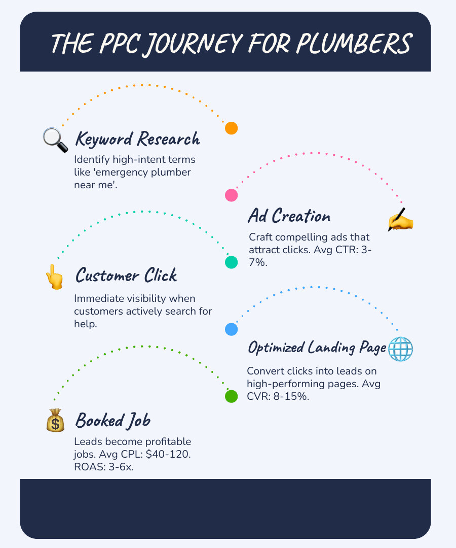 Infographic showing the PPC process for plumbers: keyword research leads to ad creation, which triggers when customers search, resulting in clicks that go to optimized landing pages, converting into booked jobs. Shows average metrics: 3-7% CTR, 8-15% conversion rate, $40-120 cost per lead, and 3x-6x return on ad spend - ppc for plumbing companies infographic infographic-line-5-steps-blues-accent_colors
