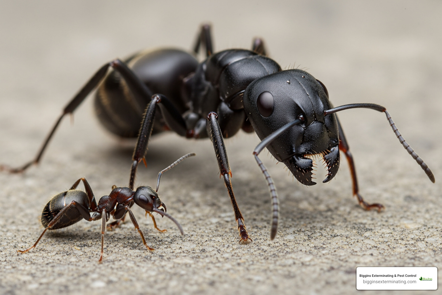 Image of a large black carpenter ant next to a smaller pavement ant for size comparison - ant control Bedford MA