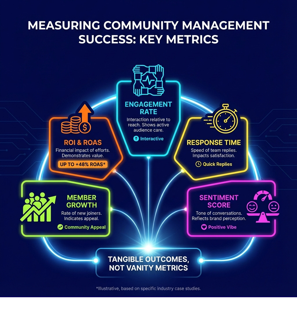 Infographic detailing key metrics for measuring community management success, including engagement rate, response time, sentiment score, member growth, and ROI. - community management services infographic 