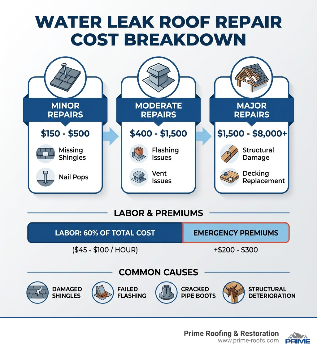 Infographic showing the breakdown of water leak roof repair costs: Minor repairs ($150-$500) include missing shingles and nail pops; Moderate repairs ($400-$1,500) cover flashing and vent issues; Major repairs ($1,500-$8,000+) address structural damage and decking replacement. Labor accounts for 60% of total cost at $45-$100 per hour. Emergency repairs add $200-$300 premium. Common causes include damaged shingles, failed flashing, cracked pipe boots, and structural deterioration. - water leak roof repair cost infographic Infographic showing the breakdown of water leak roof repair costs: Minor repairs ($150-$500) include missing shingles and nail pops; Moderate repairs ($400-$1,500) cover flashing and vent issues; Major repairs ($1,500-$8,000+) address structural damage and decking replacement. Labor accounts for 60% of total cost at $45-$100 per hour. Emergency repairs add $200-$300 premium. Common causes include damaged shingles, failed flashing, cracked pipe boots, and structural deterioration. - water leak roof repair cost infographic