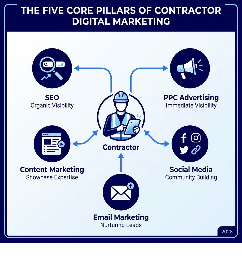 infographic showing the five core pillars of contractor digital marketing: a search icon labeled SEO for organic visibility, a megaphone for PPC advertising, a document icon for content marketing, social media icons for community building, and an envelope for email marketing, all connected to a central contractor icon - Digital marketing for contractors infographic 