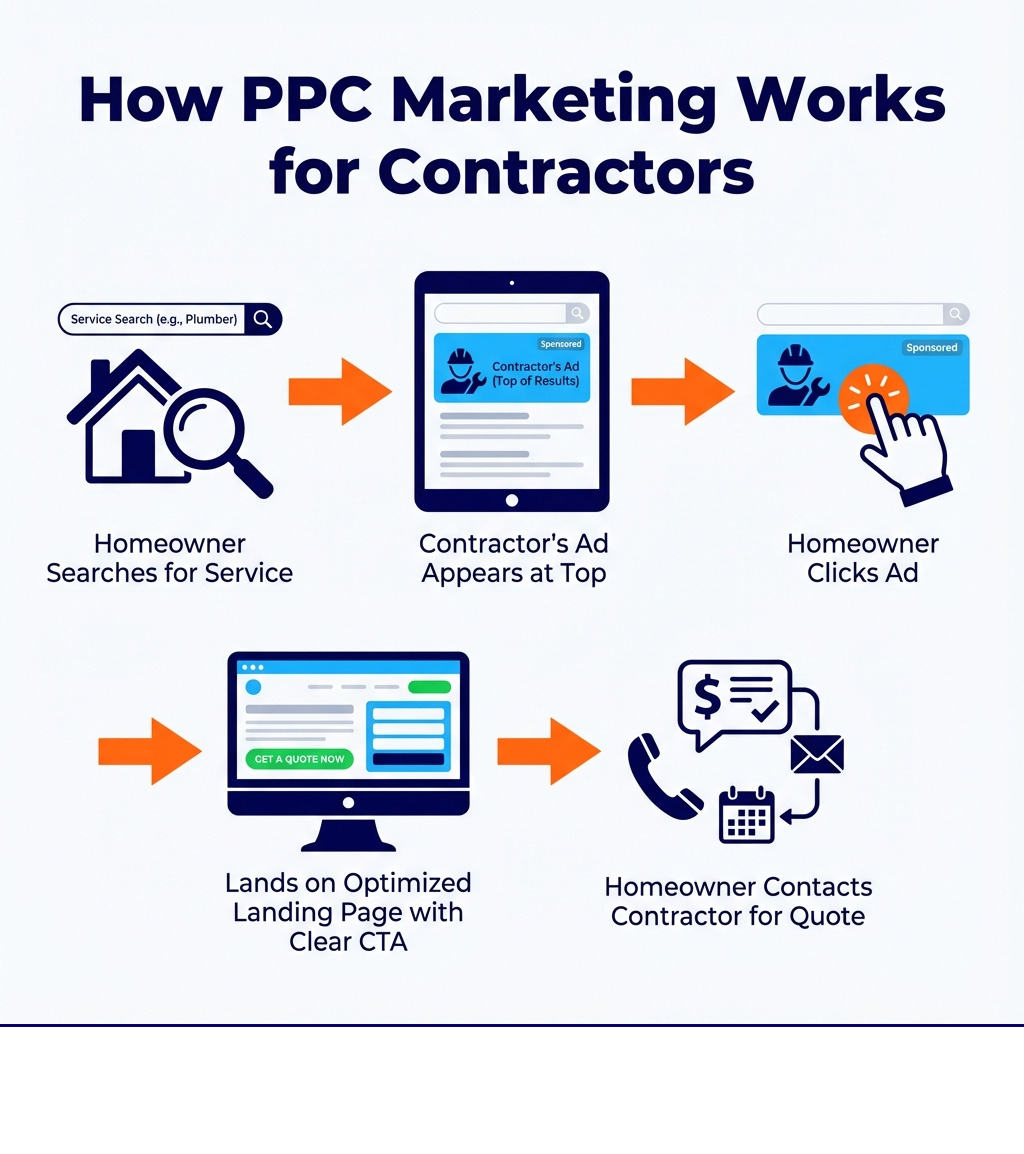 Infographic showing how PPC marketing works for contractors: homeowner searches for service, contractor's ad appears at top of search results, homeowner clicks ad, lands on optimized landing page with clear call-to-action, homeowner contacts contractor for quote - ppc marketing for contractors infographic 
