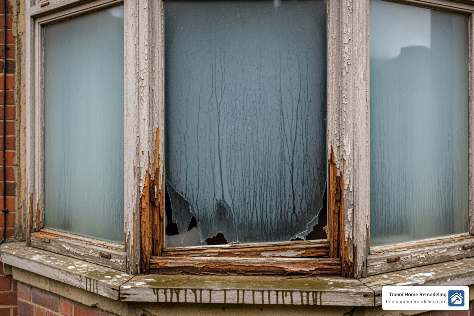 close-up on an old bay window with foggy glass and a damaged wooden frame - Bay window replacement services