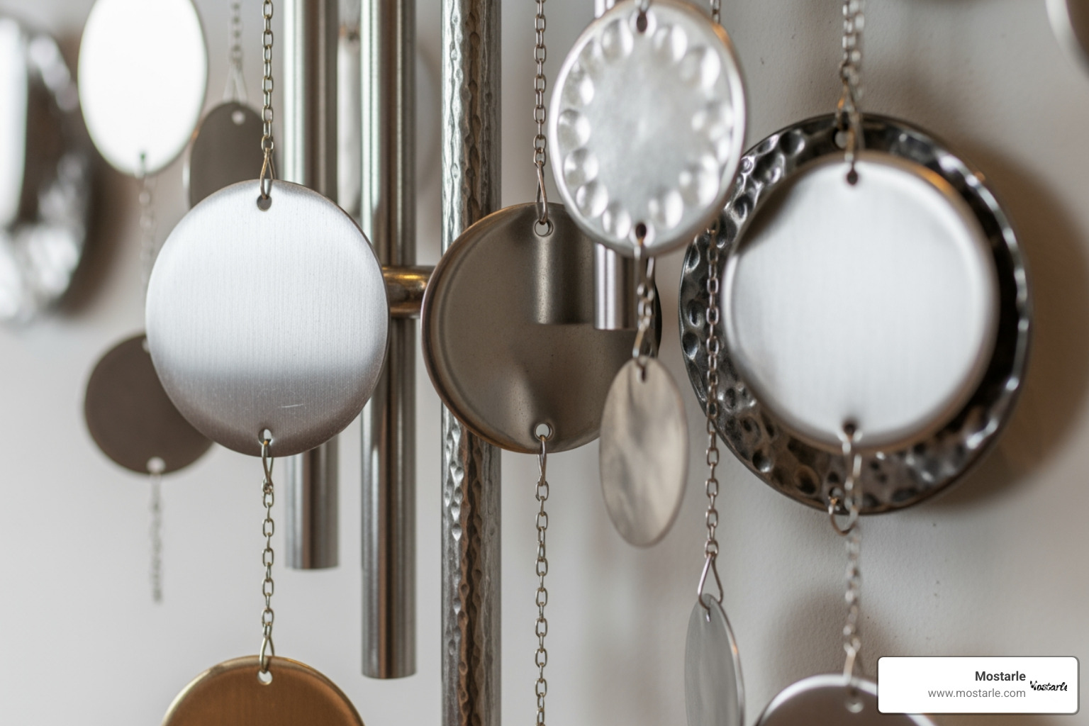 close-up shot showing the texture and finish of a metal chime sculpture - chimes metal wall sculpture