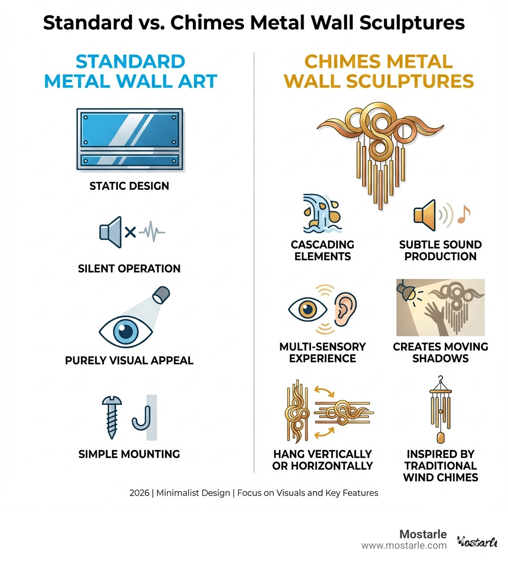 Infographic showing the differences between standard metal wall art and chimes metal wall sculptures: Standard wall art features static design, silent operation, purely visual appeal, and simple mounting; Chimes sculptures feature cascading elements, subtle sound production, multi-sensory experience, creates moving shadows, can hang vertically or horizontally, and inspired by traditional wind chimes - chimes metal wall sculpture infographic 