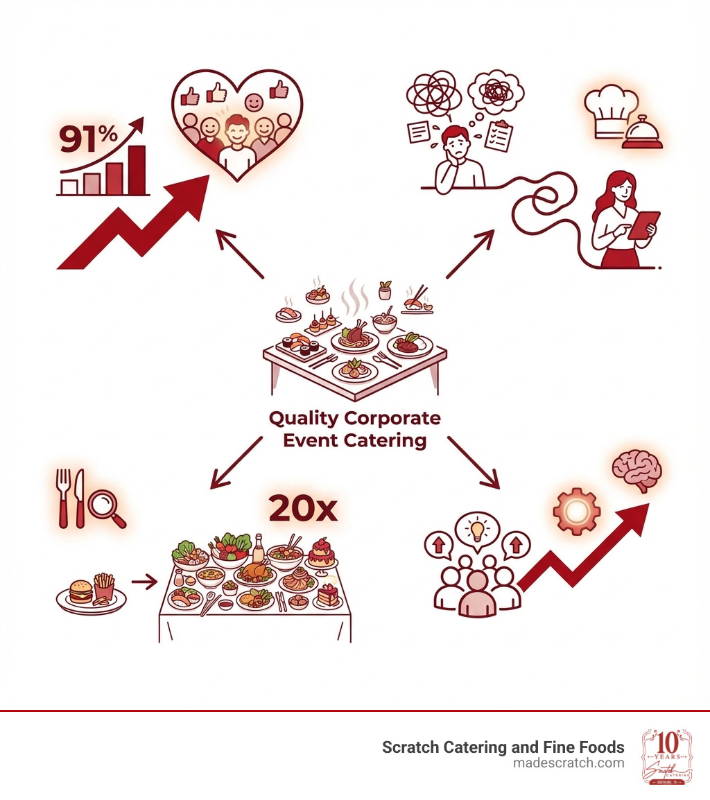infographic showing how quality corporate event catering increases employee satisfaction by 91%, reduces planning stress through full-service management, offers 20x more menu variety than traditional caterers, and creates memorable experiences that boost team morale and productivity - food for corporate events infographic infographic showing how quality corporate event catering increases employee satisfaction by 91%, reduces planning stress through full-service management, offers 20x more menu variety than traditional caterers, and creates memorable experiences that boost team morale and productivity - food for corporate events infographic