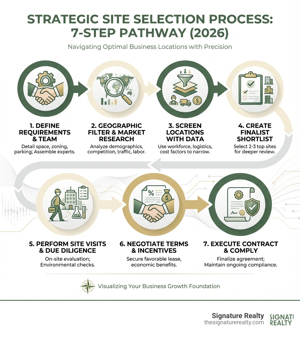 Infographic showing the 7-step strategic site selection process: 1) Define project requirements and assemble team, 2) Conduct geographic filtering and market research, 3) Screen locations using workforce/logistics/cost data, 4) Create shortlist of 2-3 finalist sites, 5) Perform site visits and environmental due diligence, 6) Negotiate lease terms and economic incentives, 7) Execute contract and maintain compliance - Strategic site selection infographic Infographic showing the 7-step strategic site selection process: 1) Define project requirements and assemble team, 2) Conduct geographic filtering and market research, 3) Screen locations using workforce/logistics/cost data, 4) Create shortlist of 2-3 finalist sites, 5) Perform site visits and environmental due diligence, 6) Negotiate lease terms and economic incentives, 7) Execute contract and maintain compliance - Strategic site selection infographic