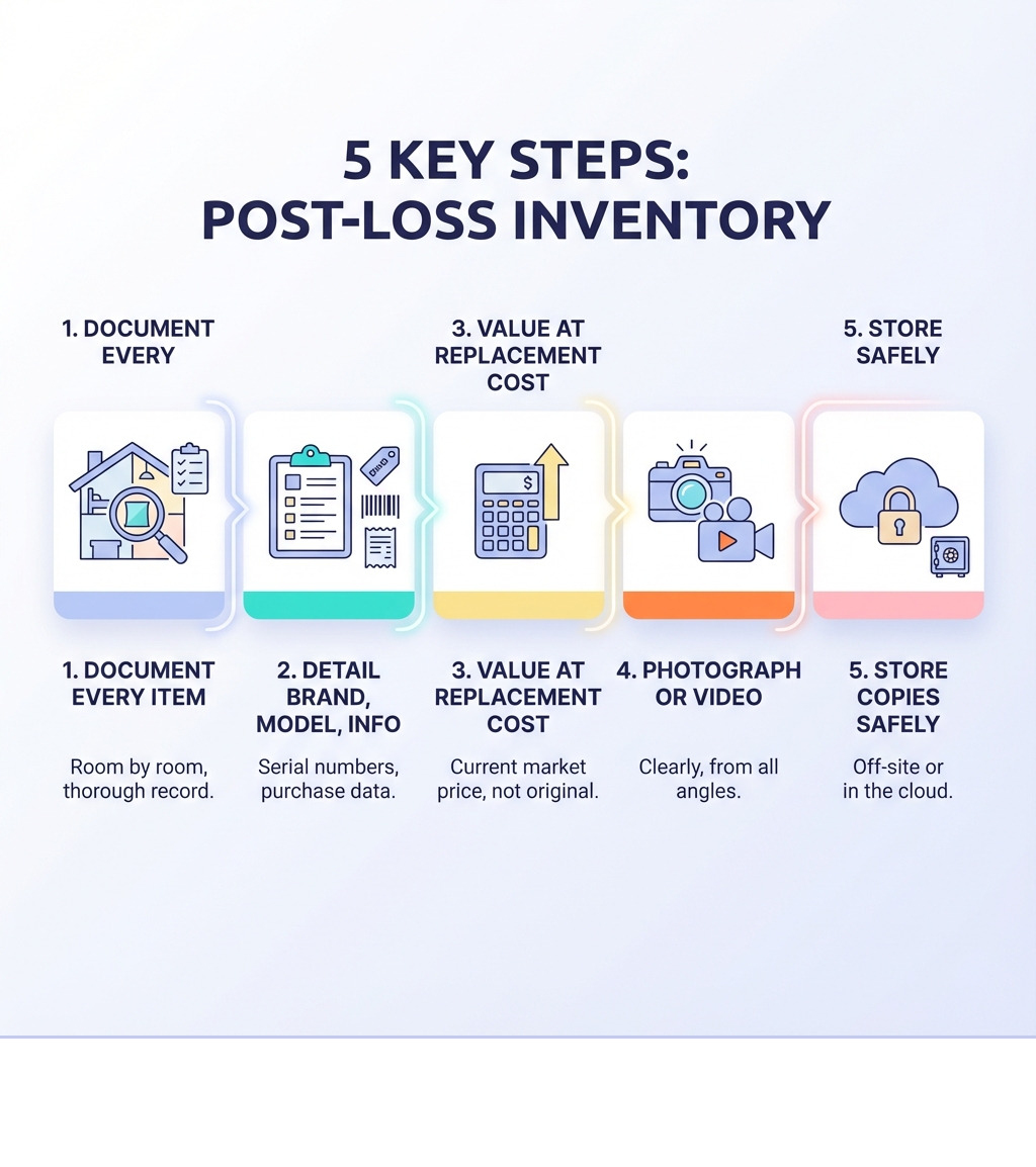 infographic showing 5 key steps of post-loss inventory: 1. Document every item room by room, 2. Detail brand, model, serial numbers, and purchase info, 3. Value items at current replacement cost, 4. Photograph or video each item clearly, 5. Store copies safely off-site or in the cloud - personal property inventory list pdf infographic infographic showing 5 key steps of post-loss inventory: 1. Document every item room by room, 2. Detail brand, model, serial numbers, and purchase info, 3. Value items at current replacement cost, 4. Photograph or video each item clearly, 5. Store copies safely off-site or in the cloud - personal property inventory list pdf infographic
