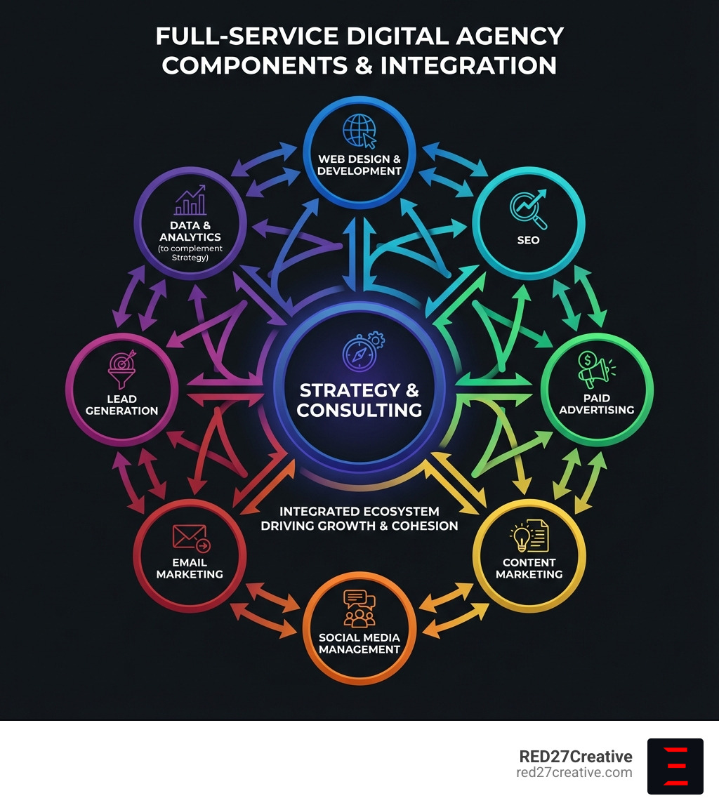 An infographic showing the key components of a full-service digital agency: Strategy & Consulting at the center, surrounded by Web Design & Development, SEO, Paid Advertising, Content Marketing, Social Media Management, Email Marketing, and Lead Generation, all connected with arrows to illustrate integration and cohesion - full-service digital agency infographic An infographic showing the key components of a full-service digital agency: Strategy & Consulting at the center, surrounded by Web Design & Development, SEO, Paid Advertising, Content Marketing, Social Media Management, Email Marketing, and Lead Generation, all connected with arrows to illustrate integration and cohesion - full-service digital agency infographic