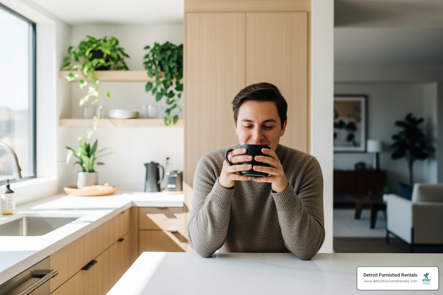 person enjoying a coffee in a bright, modern apartment kitchen - Short term furnished housing Detroit