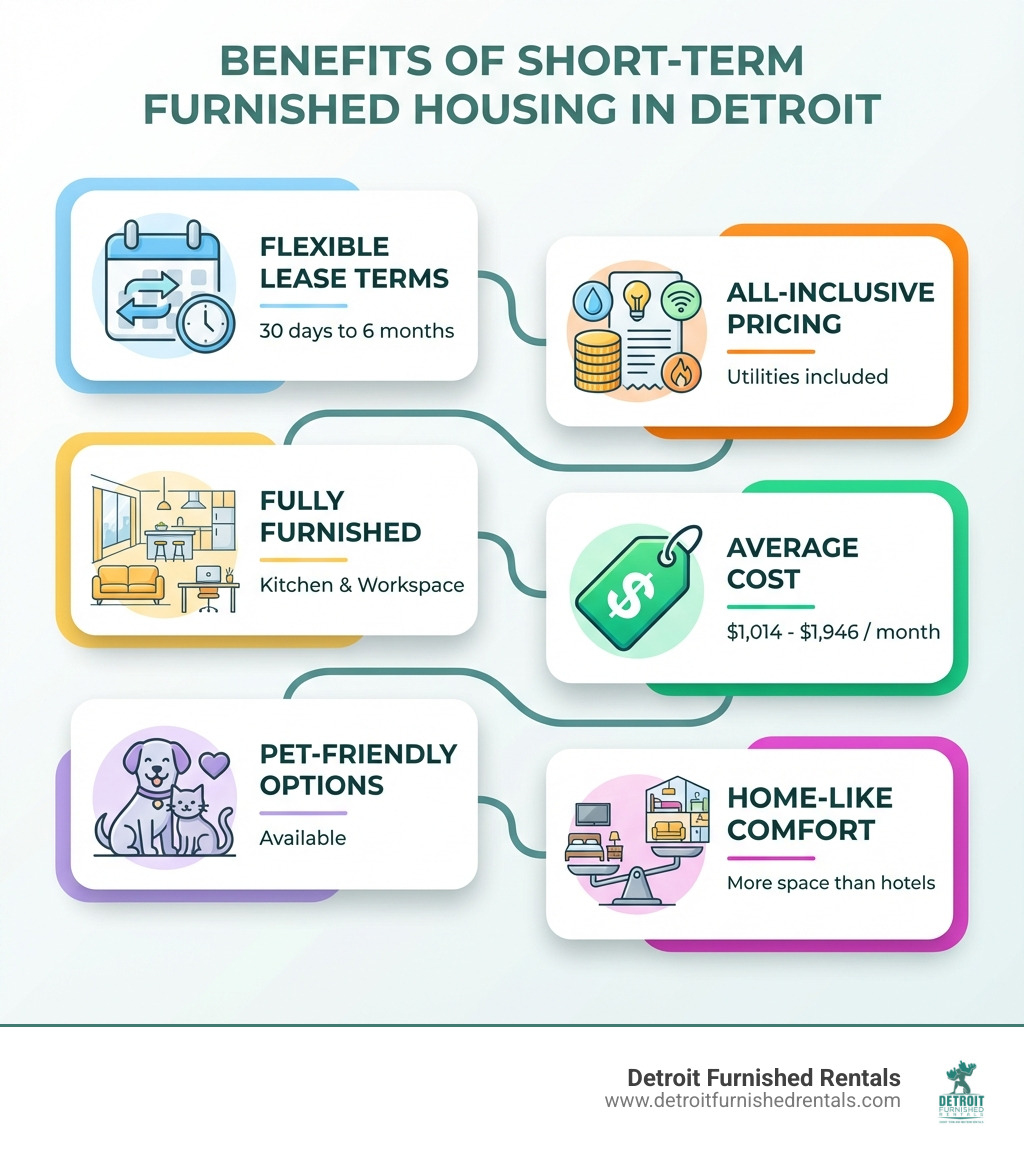 infographic showing benefits of short-term furnished housing: flexible lease terms from 30 days to 6 months, all-inclusive pricing with utilities included, fully furnished with kitchen and workspace, average cost $1,014-$1,946 per month, pet-friendly options available, and home-like comfort with more space than hotels - Short term furnished housing Detroit infographic 
