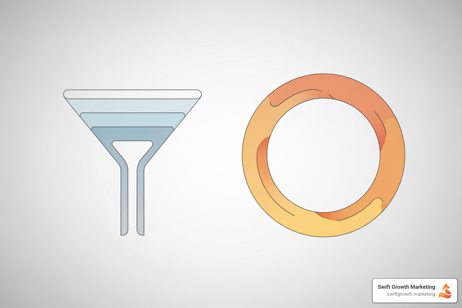 Infographic comparing traditional marketing funnel (wide top, narrow bottom focused on acquisition) versus growth marketing loop (circular diagram showing continuous cycle of Acquisition, Activation, Retention, Referral, and Revenue with feedback loops connecting each stage, emphasizing full-funnel optimization and data-driven iteration) - growth marketing for professional services