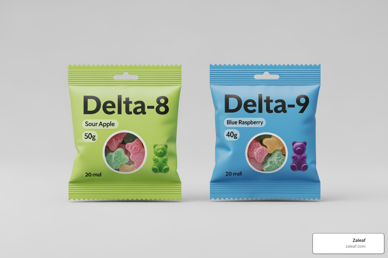 Image of two gummy packages, one labeled "Delta-8" and the other "Delta-9" - THC gummies delivery