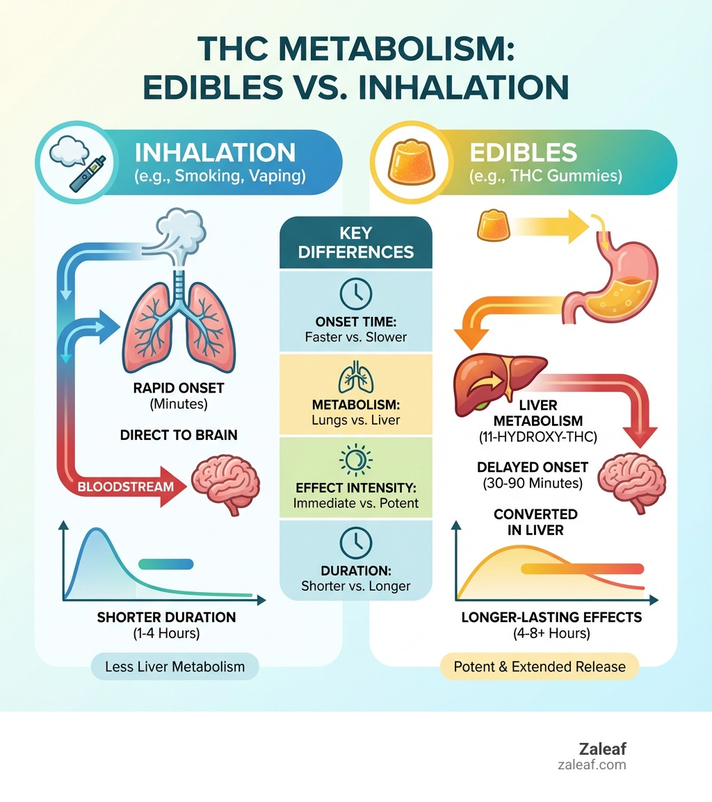 Infographic explaining how THC edibles are metabolized in the body compared to inhalation - THC gummies delivery infographic 