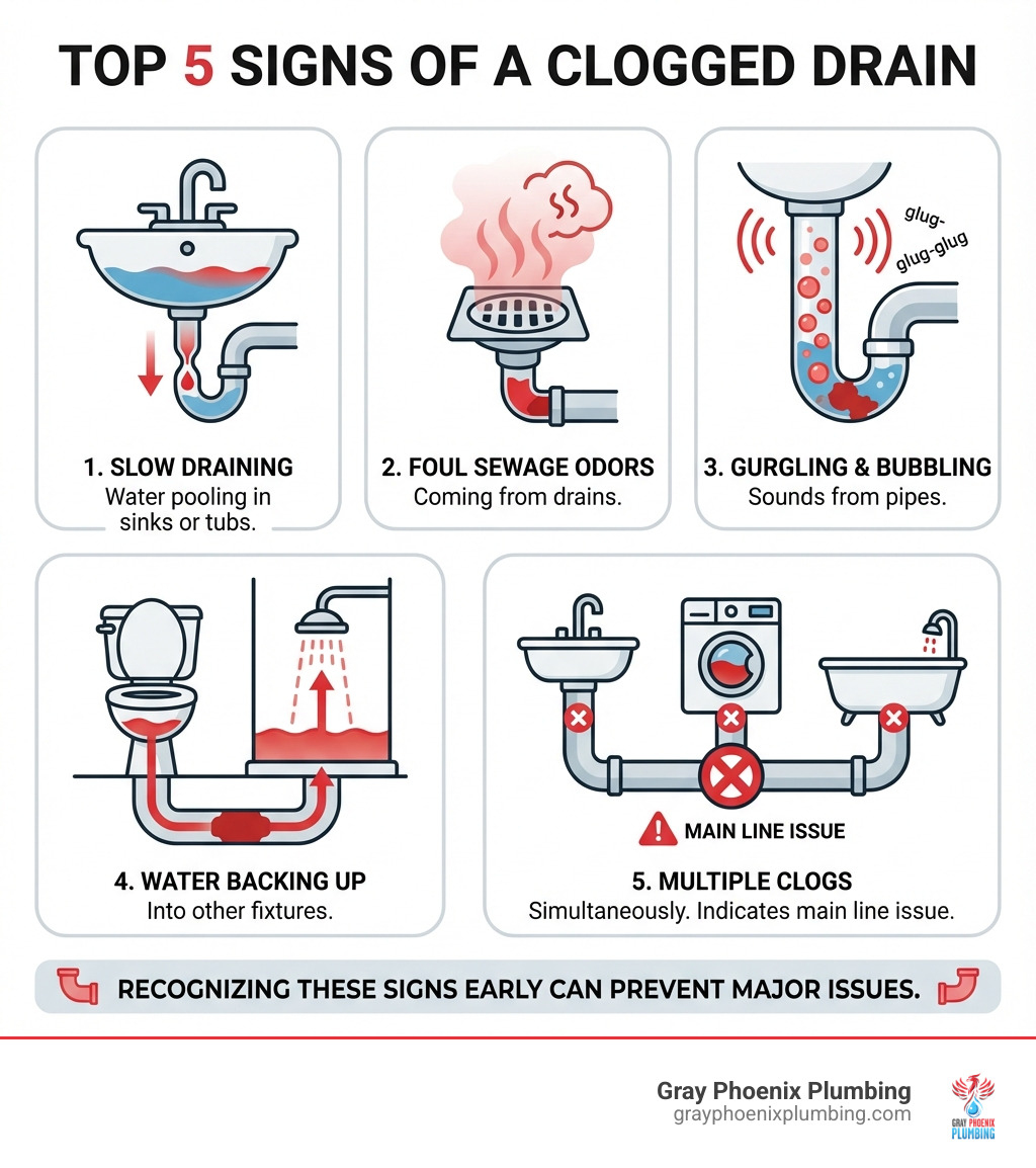 Infographic showing the top 5 signs of a clogged drain: 1. Slow draining water pooling in sinks or tubs, 2. Foul sewage odors coming from drains, 3. Gurgling or bubbling sounds from pipes, 4. Water backing up into other fixtures, 5. Multiple drains clogged simultaneously indicating a main line issue - drain blockage cleaner near me infographic 
