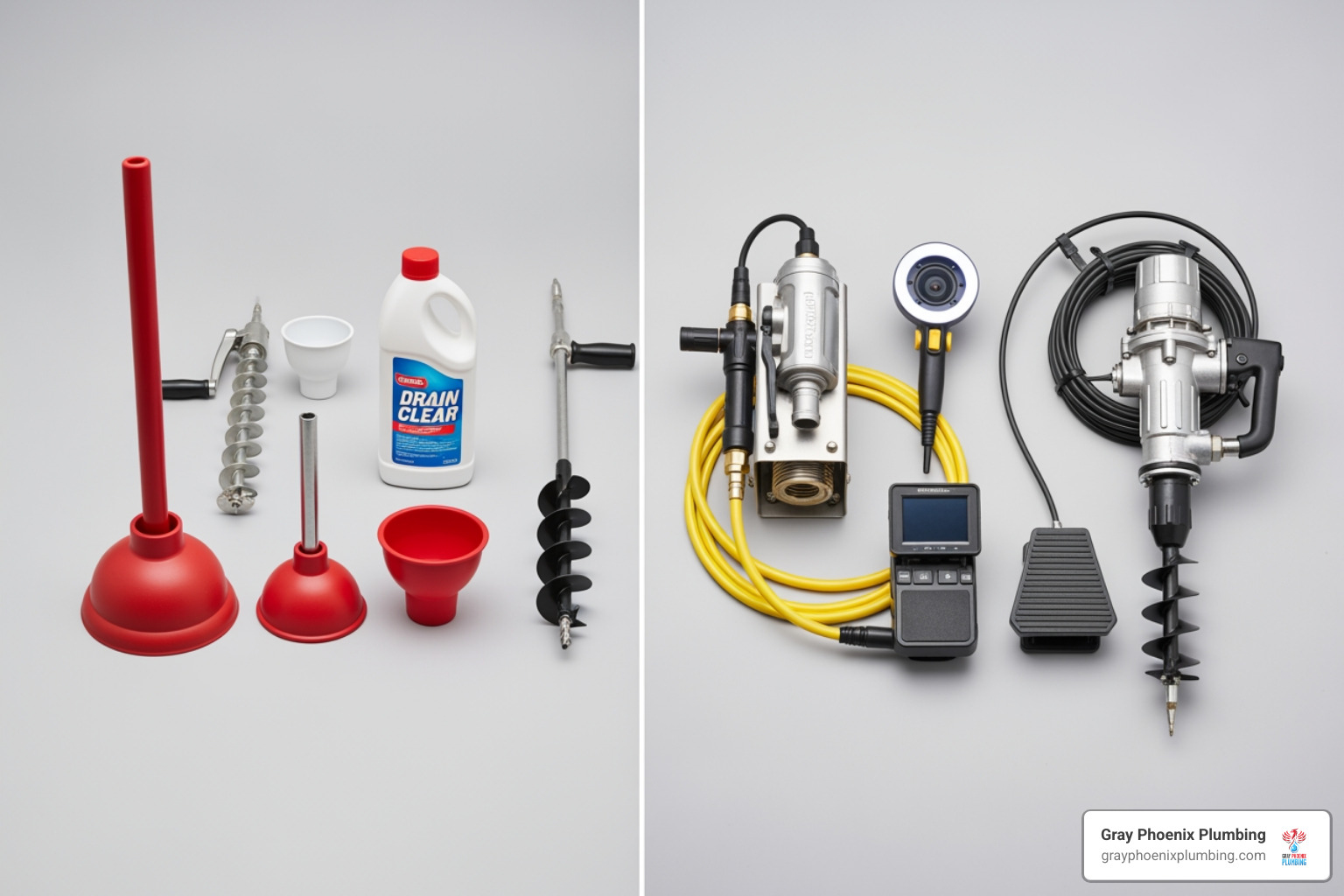common household drain cleaning tools and professional plumber’s equipment - drain blockage cleaner near me