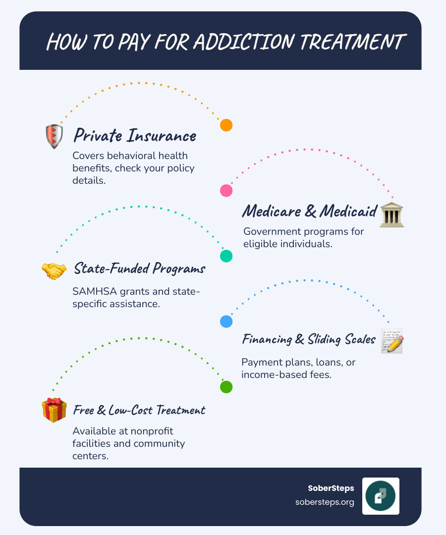 infographic showing five main payment methods for addiction treatment: a shield icon labeled Private Insurance covering behavioral health benefits, a government building icon labeled Medicare and Medicaid for eligible individuals, a handshake icon labeled State-Funded Programs and SAMHSA grants, a payment plan document icon labeled Financing Options and sliding scales, and a gift icon labeled Free and Low-Cost Treatment at nonprofit facilities - How Do I Pay For Addiction Treatment infographic pillar-5-steps
