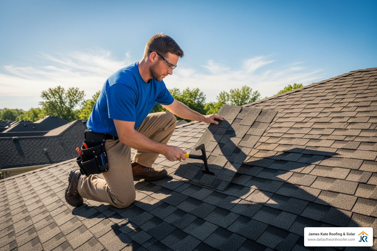James Kate Roofing professional in a royal blue shirt carefully replacing a single asphalt shingle on a sunny day - roof fix James Kate Roofing professional in a royal blue shirt carefully replacing a single asphalt shingle on a sunny day - roof fix