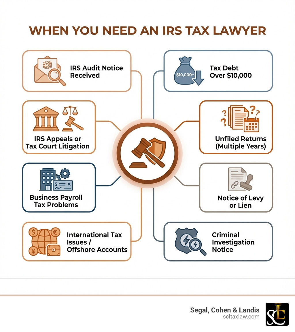 Infographic showing when you need an IRS tax lawyer: IRS audit notice received, tax debt over $10,000, unfiled returns for multiple years, received notice of levy or lien, criminal investigation notice, international tax issues or offshore accounts, business payroll tax problems, and IRS appeals or Tax Court litigation - irs tax lawyer near me infographic Infographic showing when you need an IRS tax lawyer: IRS audit notice received, tax debt over $10,000, unfiled returns for multiple years, received notice of levy or lien, criminal investigation notice, international tax issues or offshore accounts, business payroll tax problems, and IRS appeals or Tax Court litigation - irs tax lawyer near me infographic