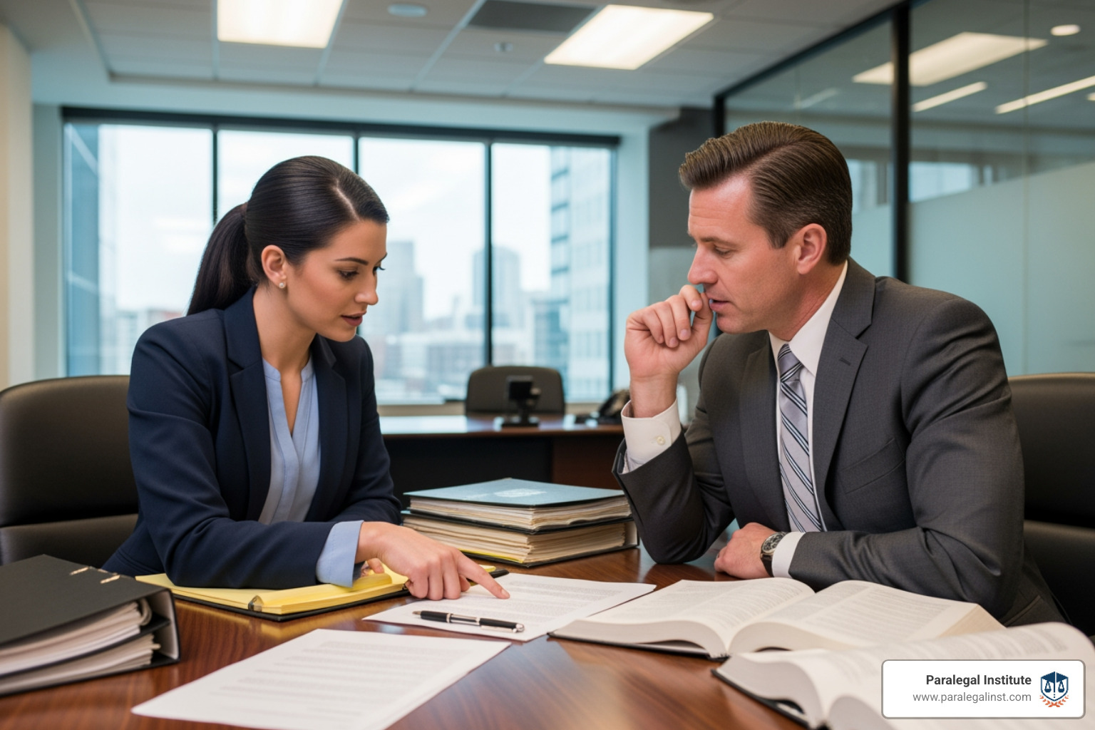 A paralegal collaborating with an attorney, reviewing documents and discussing a case in a modern office setting. - paralegal education programs