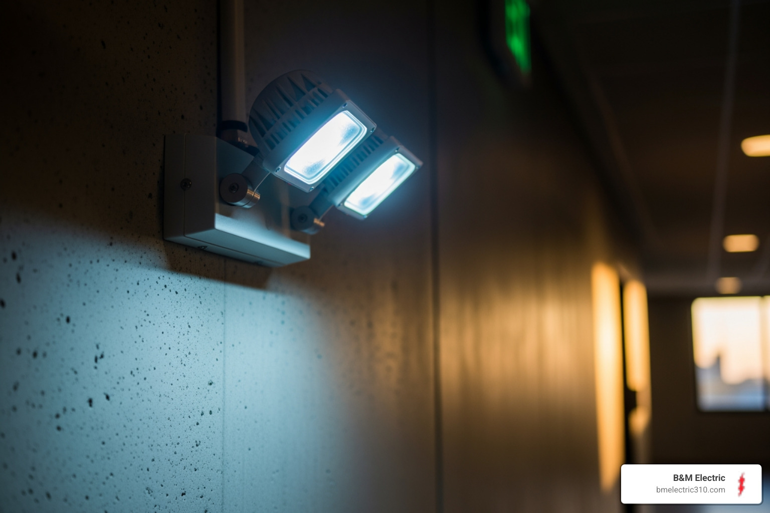 Infographic showing how emergency lighting works: Main power flows to lights normally; when power fails, battery backup activates automatically within seconds; emergency lights illuminate exit paths for 90+ minutes; exit signs remain visible in all conditions; occupants safely navigate to exits - emergency lighting solutions in torrance, ca