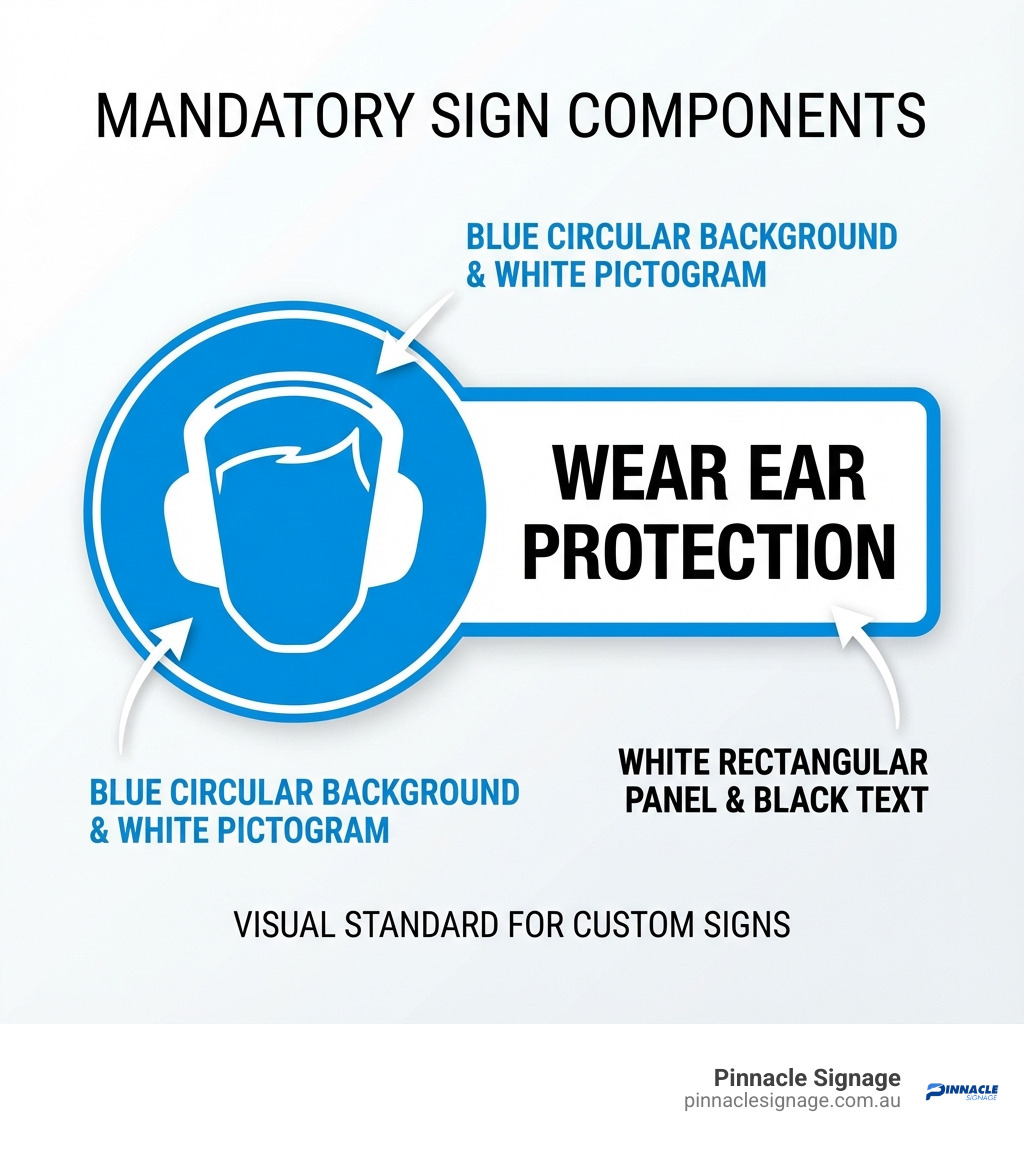 Educational infographic showing the visual standard and components for Custom mandatory signs.