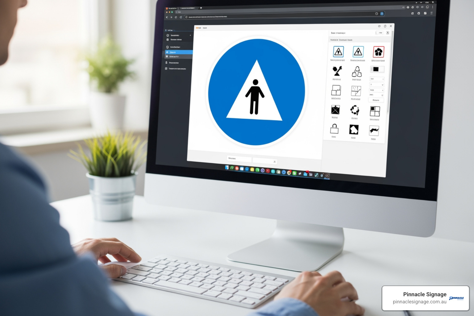 Digital mockup of Custom mandatory signs featuring a blue circular icon and safety pictograms.