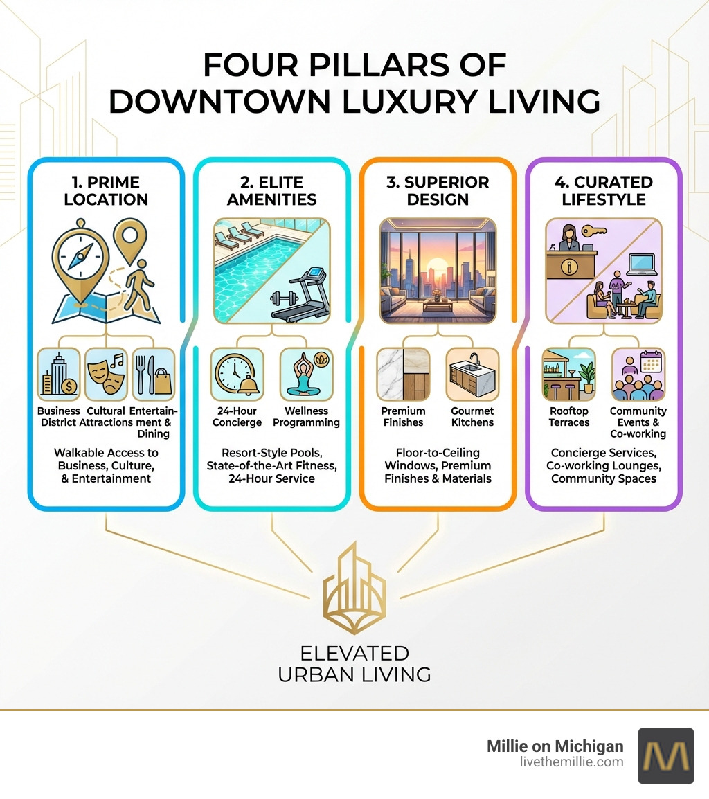 infographic showing the four pillars of downtown luxury living: Prime Location with walkability icons and neighborhood markers, Elite Amenities featuring pools and fitness centers, Superior Design showing floor-to-ceiling windows and premium finishes, and Curated Lifestyle depicting concierge services and community spaces - luxury apartments downtown infographic 