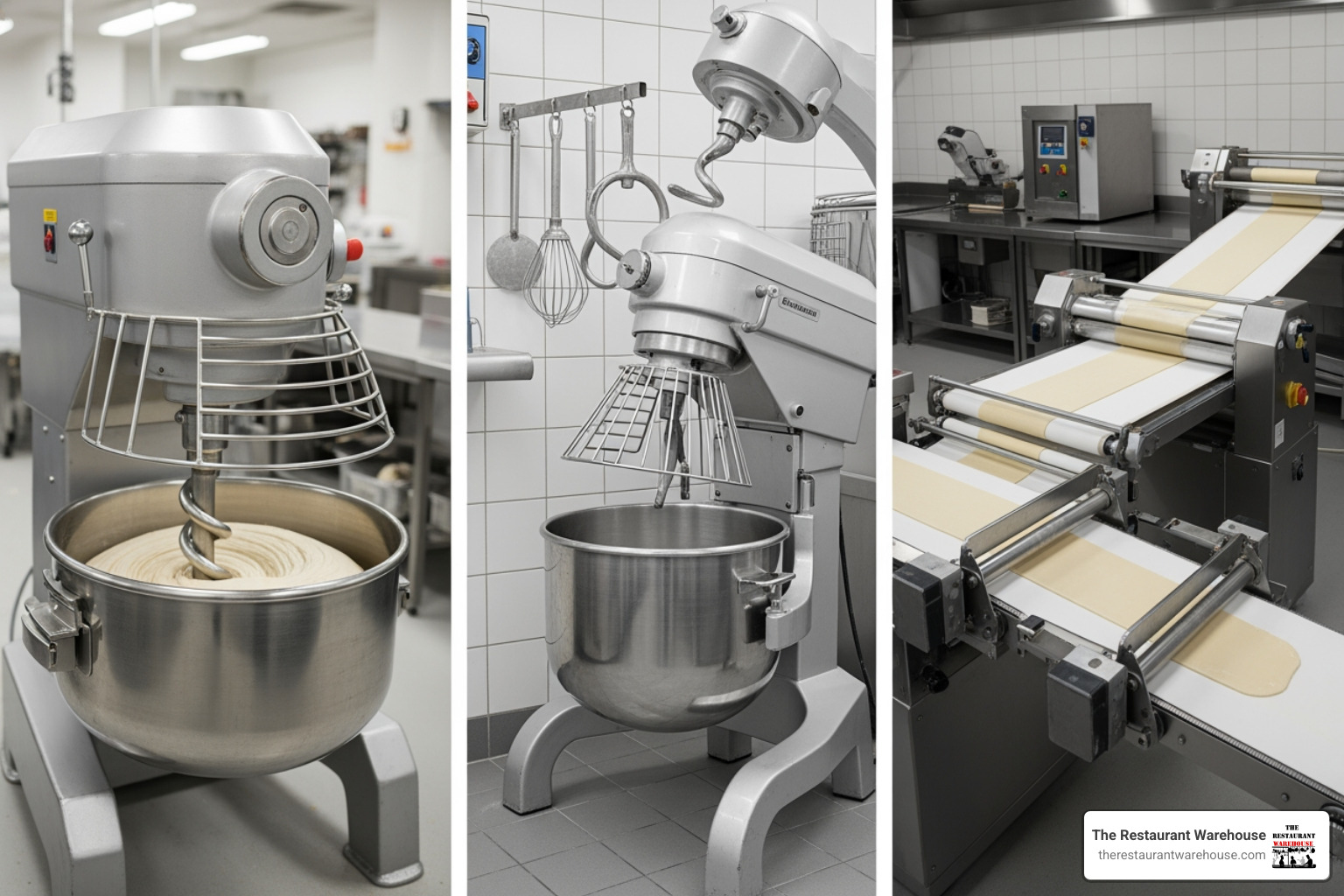 three types of dough machines side-by-side: a spiral mixer, a planetary mixer, and a dough sheeter - Pizza dough machine