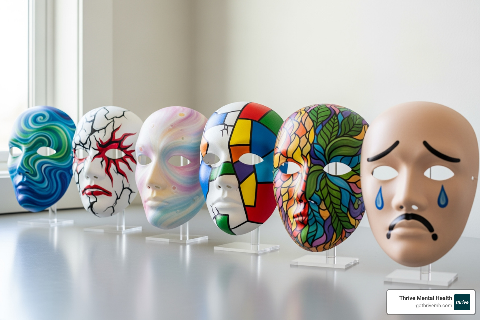 Diverse collection of therapy masks, each uniquely decorated, showcasing a range of emotions and artistic styles - art therapy mask making