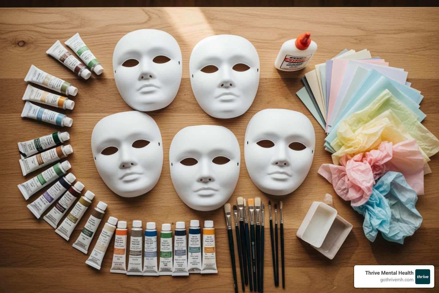 Art supplies neatly arranged on a wooden table for a mask-making project, including blank masks, paints, brushes, tissue paper, and glue - art therapy mask making