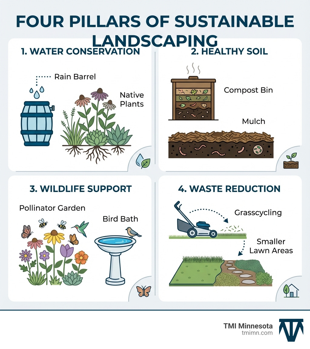 infographic showing four pillars of sustainable landscaping: water conservation with rain barrel and native plants, healthy soil with compost bin and mulch, wildlife support with pollinator garden and bird bath, and waste reduction with grasscycling and smaller lawn areas - green living landscapes infographic 