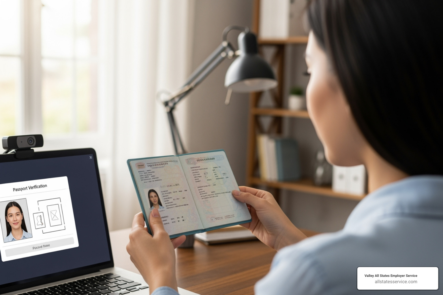of a remote employee holding up their passport to a laptop camera for verification - I-9 compliance management