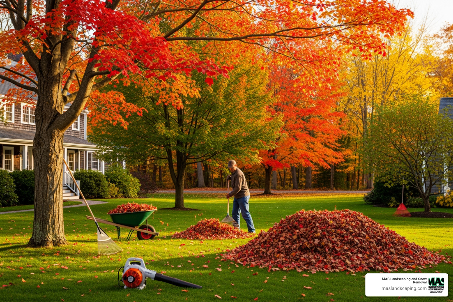 Image of a vibrant fall yard cleanup in progress in a New England setting. - Landscaping Saugus MA Image of a vibrant fall yard cleanup in progress in a New England setting. - Landscaping Saugus MA