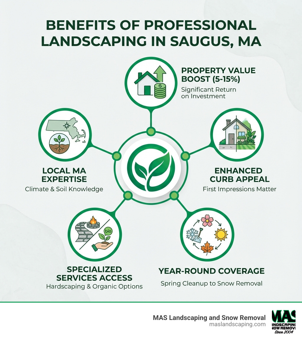Infographic showing the benefits of professional landscaping in Saugus MA: increased property value by 5-15%, improved curb appeal, year-round maintenance coverage from spring cleanup through winter snow removal, access to specialized services like hardscaping and organic landscaping, and local expertise in Massachusetts climate and soil conditions - Landscaping Saugus MA infographic Infographic showing the benefits of professional landscaping in Saugus MA: increased property value by 5-15%, improved curb appeal, year-round maintenance coverage from spring cleanup through winter snow removal, access to specialized services like hardscaping and organic landscaping, and local expertise in Massachusetts climate and soil conditions - Landscaping Saugus MA infographic