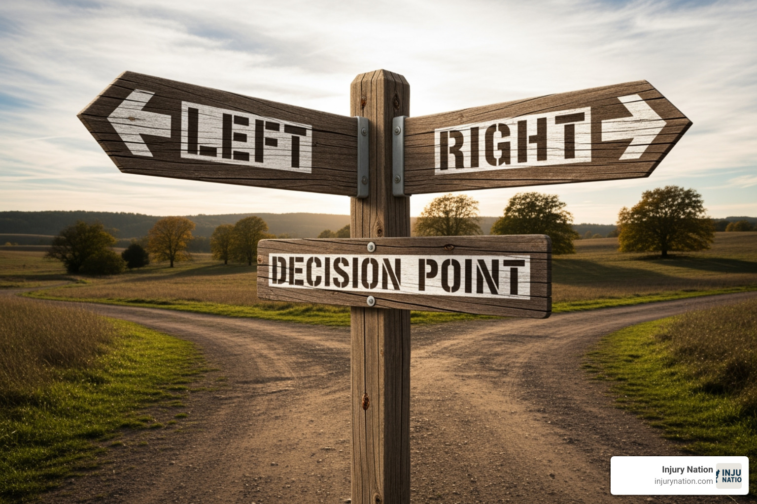 A split road sign with one arrow pointing to "Settlement" and the other to "Trial," illustrating the fork in the road for personal injury cases. - Calculate injury settlement