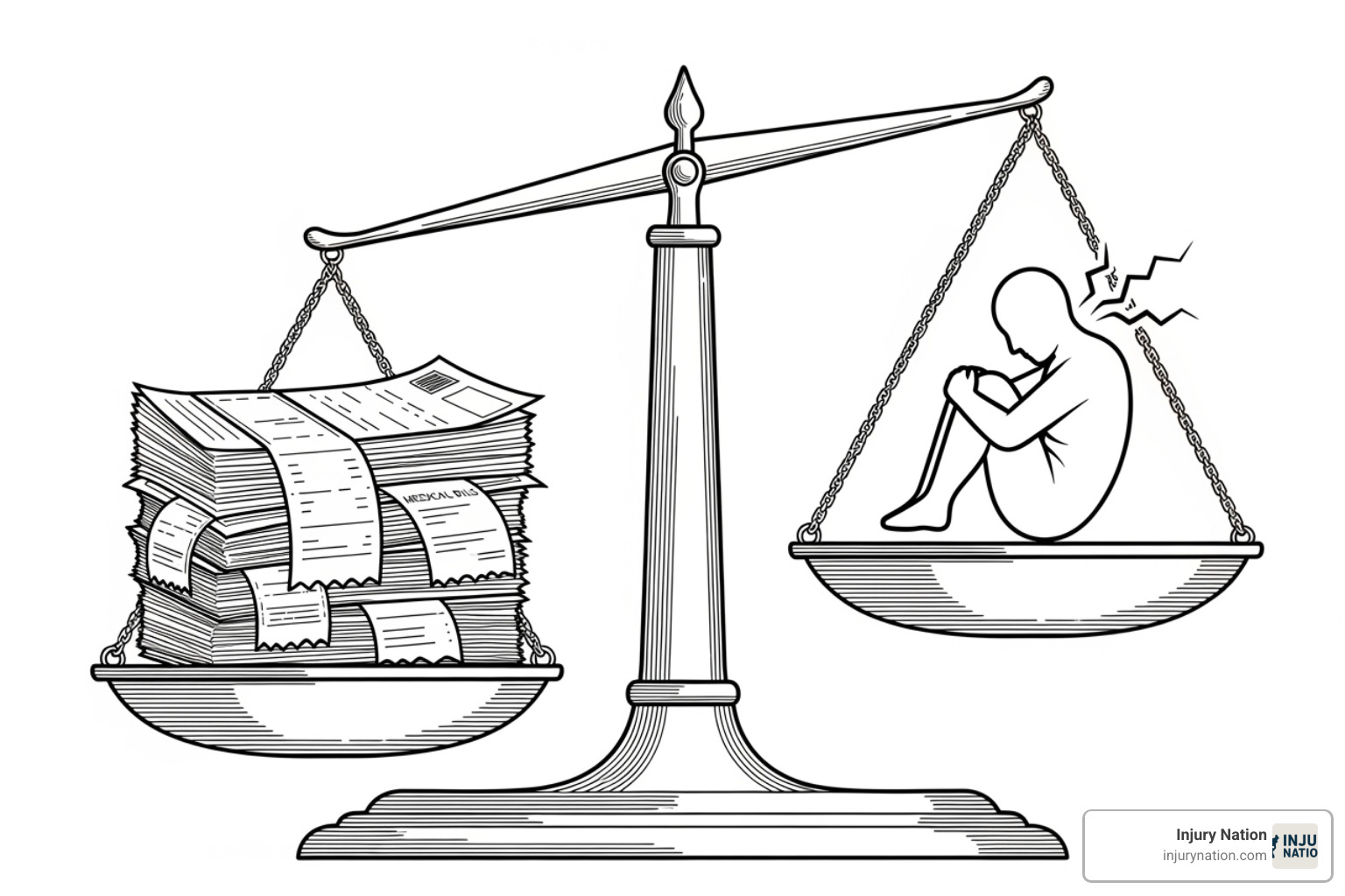 A balanced scale with medical bills on one side and an icon representing pain and suffering on the other, indicating the weight of both in settlement calculations. - Calculate injury settlement