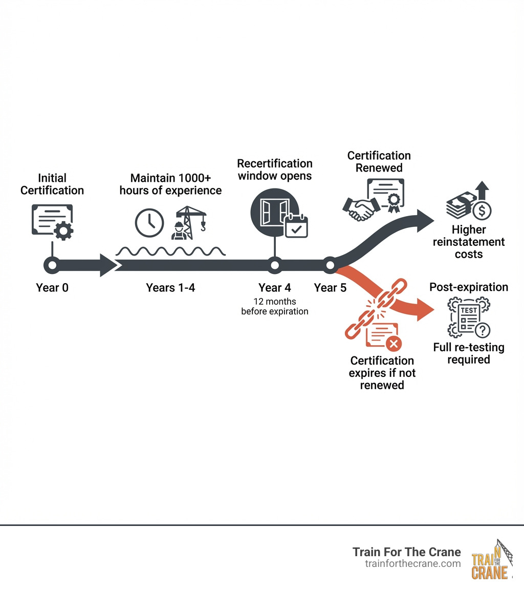 Infographic showing the NCCCO 5-year certification cycle with key milestones: Year 0 - Initial Certification, Years 1-4 - Maintain 1000+ hours of experience, Year 4 (12 months before expiration) - Recertification window opens, Year 5 - Certification expires if not renewed, Post-expiration - Higher reinstatement costs or full re-testing required - nccco recertification cost infographic 