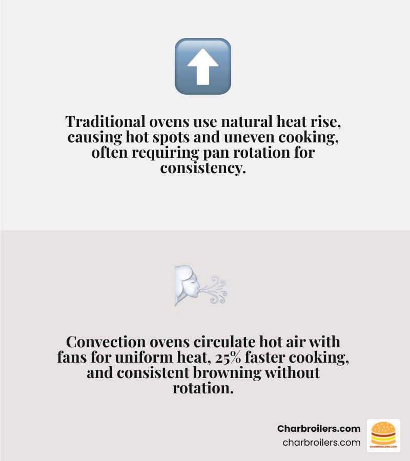 Infographic comparing conventional oven airflow (hot air rising naturally with hot spots) versus convection oven airflow (fan-driven circulation creating uniform heat throughout the cavity, with arrows showing air movement patterns around food on multiple racks) - how do commercial convection ovens work infographic 2_facts_emoji_grey Infographic comparing conventional oven airflow (hot air rising naturally with hot spots) versus convection oven airflow (fan-driven circulation creating uniform heat throughout the cavity, with arrows showing air movement patterns around food on multiple racks) - how do commercial convection ovens work infographic 2_facts_emoji_grey
