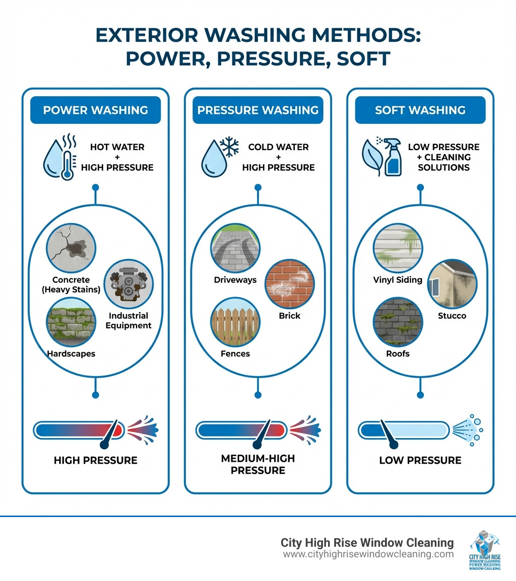 Infographic showing three columns: Power Washing (high pressure hot water for concrete and heavy stains), Pressure Washing (high pressure cold water for driveways and brick), and Soft Washing (low pressure with cleaning solutions for vinyl siding, stucco, and roofs). Each column lists ideal surfaces and shows pressure levels. - Long Island power wash infographic Infographic showing three columns: Power Washing (high pressure hot water for concrete and heavy stains), Pressure Washing (high pressure cold water for driveways and brick), and Soft Washing (low pressure with cleaning solutions for vinyl siding, stucco, and roofs). Each column lists ideal surfaces and shows pressure levels. - Long Island power wash infographic