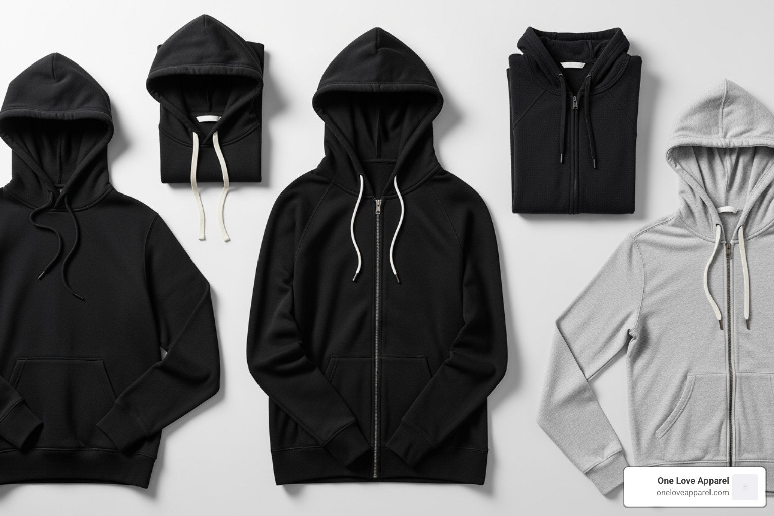 different types of black hoodies (pullover, zip-up, lightweight) laid out flat - black blank hoodie