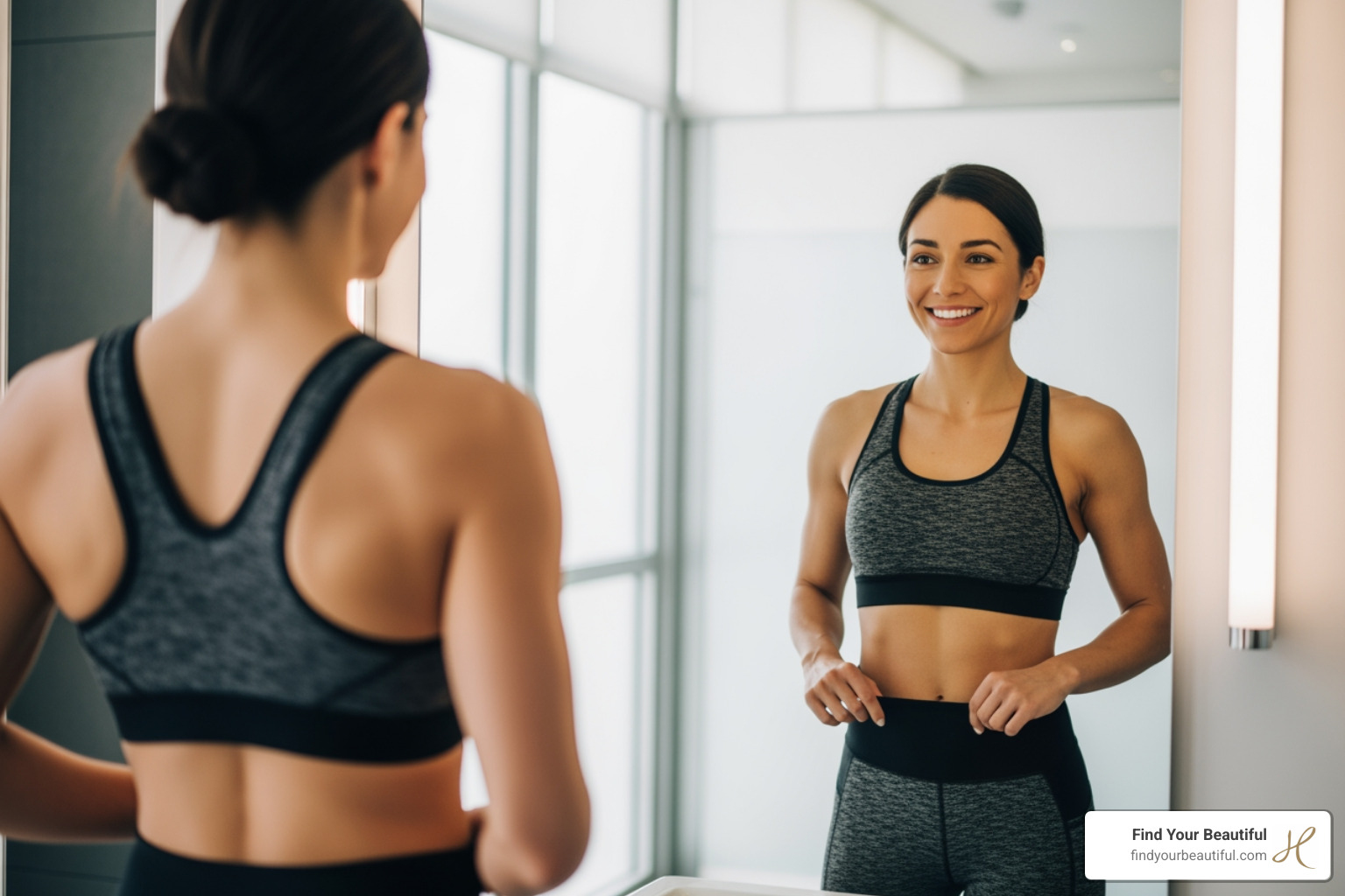 A person looking at their refined body contour in the mirror - liposuction recovery time